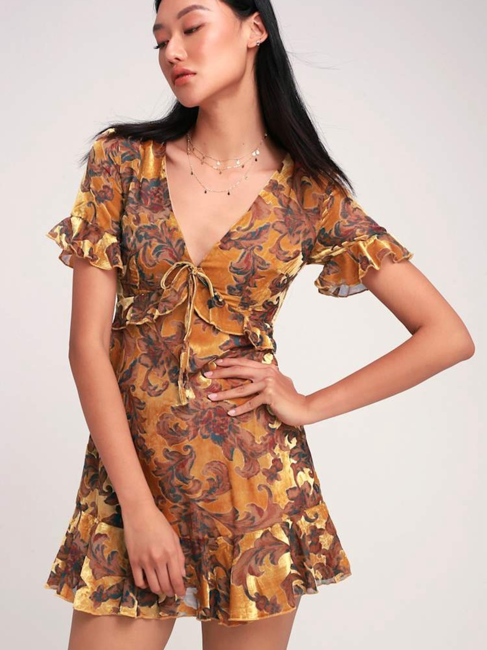 Lulu's A Touch of Magic Golden Yellow Floral Print Velvet Mini Dress
